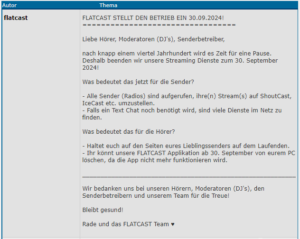 Forumsbeitrag bzw. Mitteilung von Flatcast zur Schliessung am 30.9.24